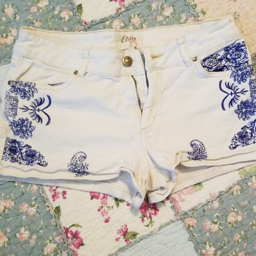 White Jean Shorts w/ Royal Blue Stitching